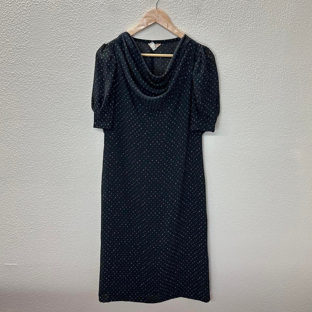 Vintage Piccalilly Swoop Neck Dress Womens 7/8 Black Good Confetti Puff Sleeve
